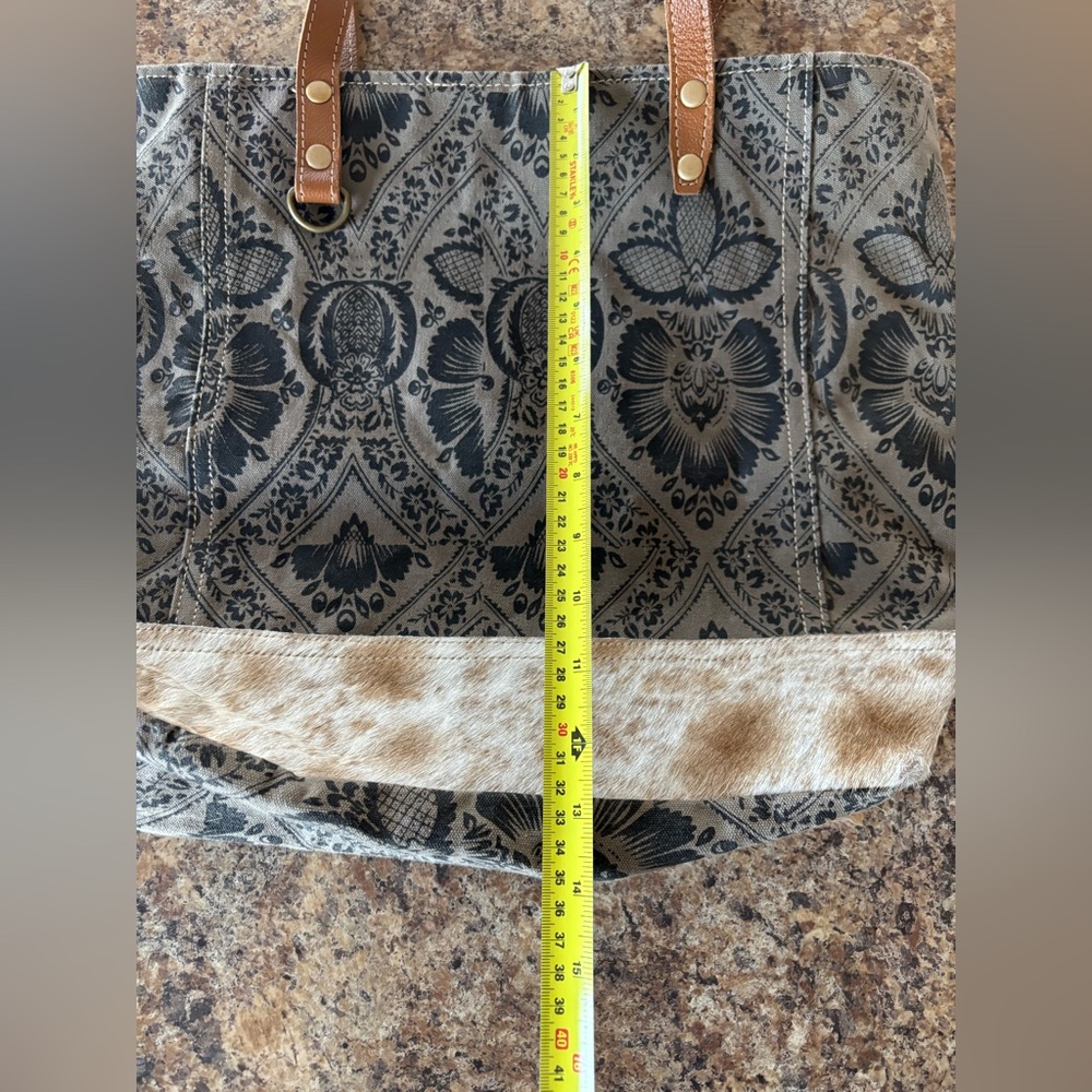 Myra Bag Grey & Blue Patterned Tote with Hair-On Trim - Picture 11 of 15